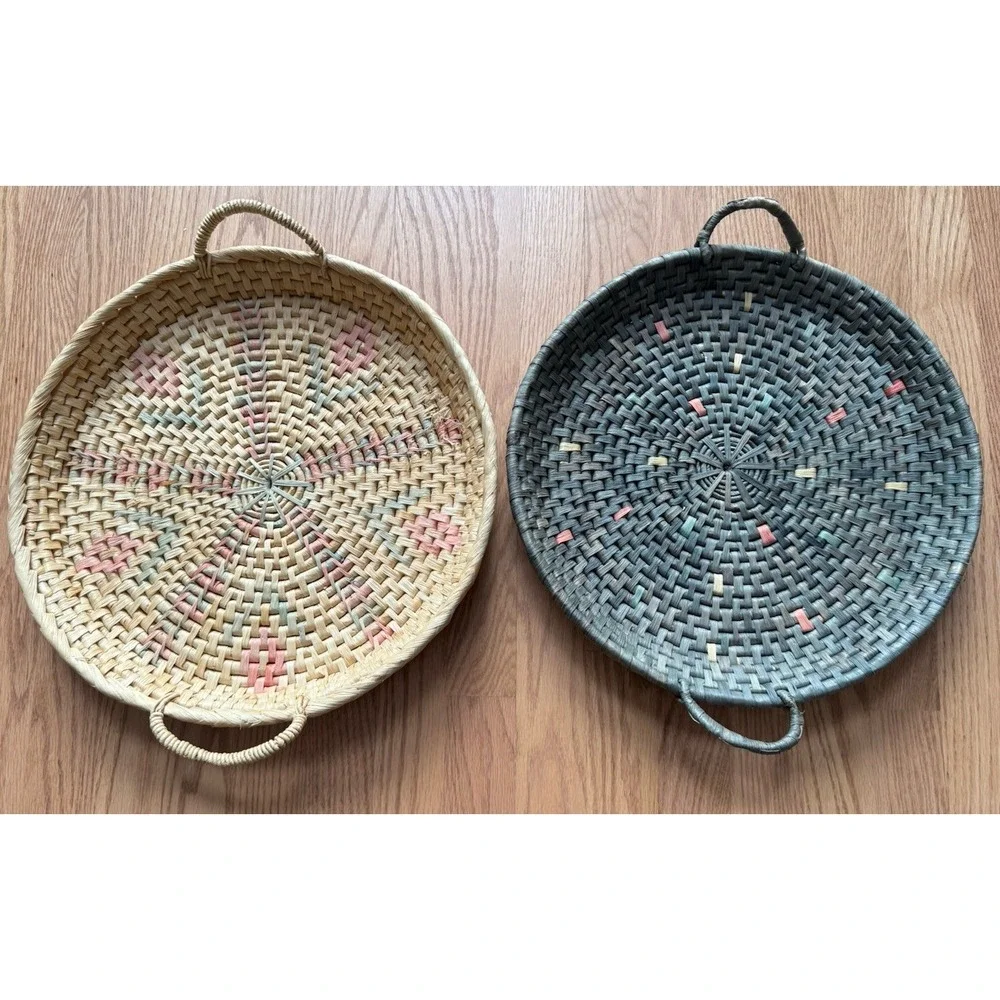 Set of 2 Vintage‎ Hand-Coiled Basket Trays - Boho Woven Seagrass with Handles